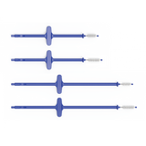 Set of four blue medical cleaning brushes in different sizes, each with a white bristle tip