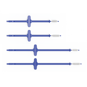 Set of four blue medical cleaning brushes in different sizes, each with a white bristle tip