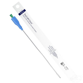 Hydrophilic male straight tip catheter with blue and green handle next to packaging.