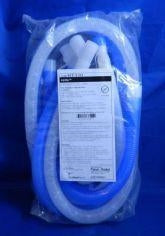 Medical breathing hose kit in clear packaging with blue and white tubing on blue background