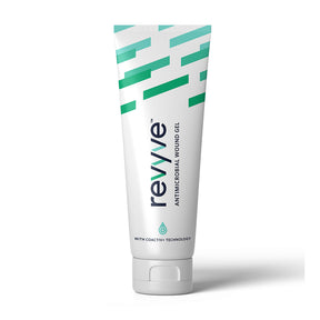 Revyve antimicrobial wound gel tube with green accents and Coactiv+ technology text