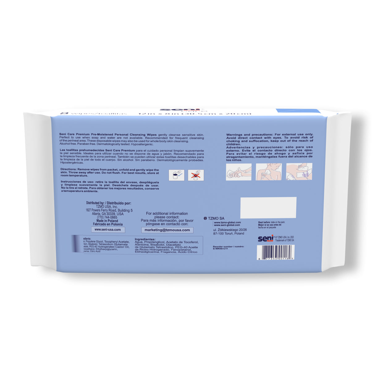SENI CARE PREMIUM Pre-Moistened Personal Cleansing Wipes- 12"x 8"