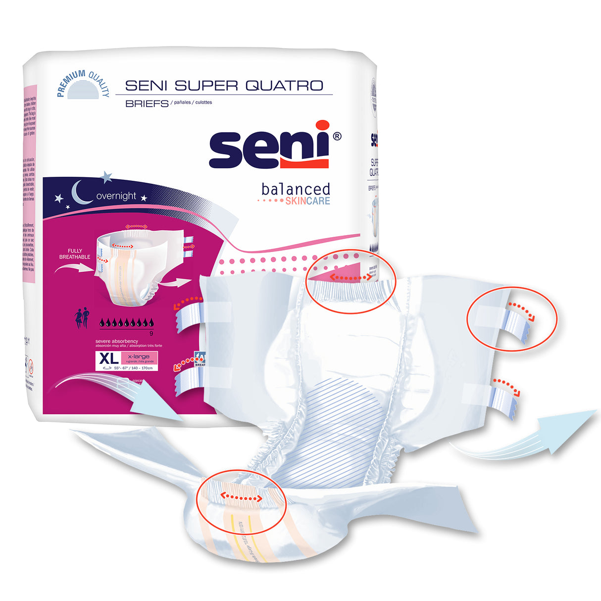Unisex Adult Incontinence Brief Seni® Super Quatro Disposable Heavy Absorbency X-Large- 55"-67"