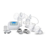Electric breast pump kit with bottles, flanges, tubing, and digital control unit