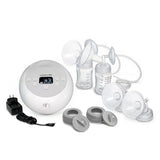Electric breast pump kit with bottles, flanges, tubing, and power adapter on white background.