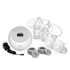 Electric breast pump kit with bottles, flanges, tubing, and power adapter on white background.