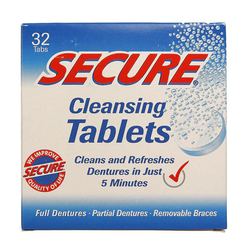Box of Secure Cleansing Tablets for dentures, 32 tabs, denture cleaning product