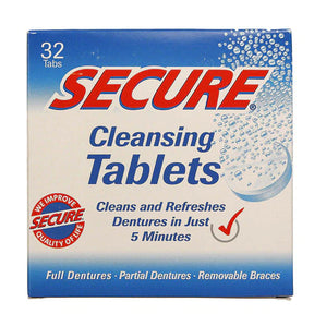 Box of Secure Cleansing Tablets for dentures, 32 tabs, denture cleaning product