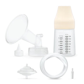 breast pump accessories kit with bottle, flange, tubing, and connectors