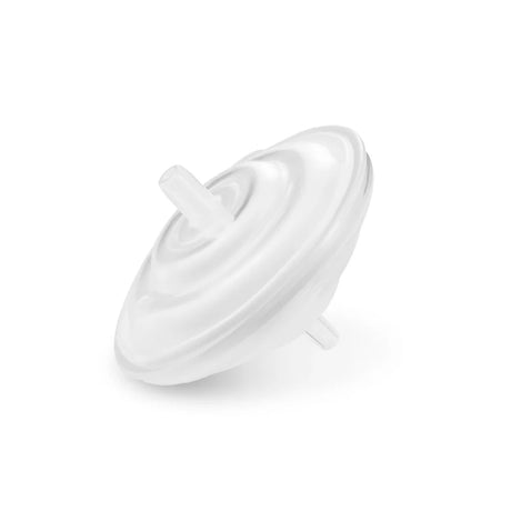 Clear plastic medical filter with two connectors for tubing on white background