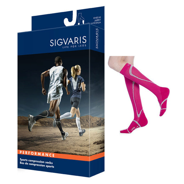 Sigvaris sports compression socks box with runners and pink knee-high compression socks