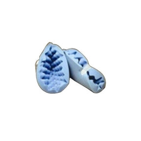 Two blue and white medical supply tablets with imprinted leaf and zigzag patterns