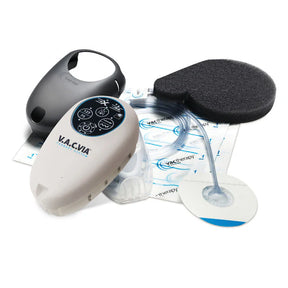 Negative pressure wound therapy device kit with pump, foam dressing, tubing, and adhesive patches