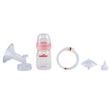 Breast pump kit with bottle, tubing, valve, and accessories on white background