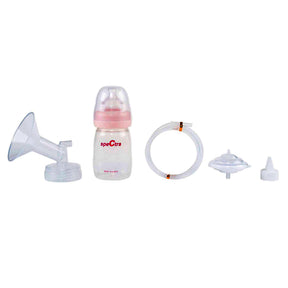 Breast pump kit with bottle, tubing, valve, and accessories on white background
