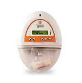 White and orange electronic medical infusion pump device with digital display.