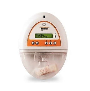 White and orange electronic medical infusion pump device with digital display.
