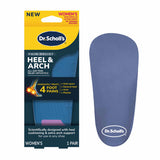 Women's heel and arch pain relief orthotic insole packaging and single insole, blue color.