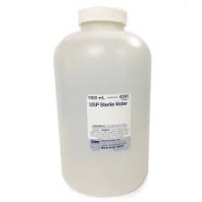 Large plastic bottle of USP sterile water for medical use on white background