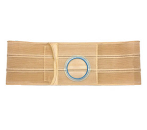 Beige abdominal support belt with round central opening for ostomy care