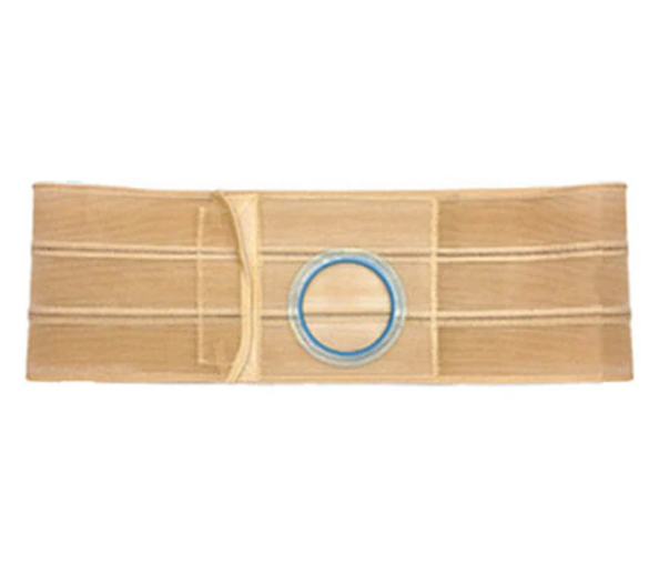 Beige ostomy support belt with central blue-rimmed stoma opening, medical supply.