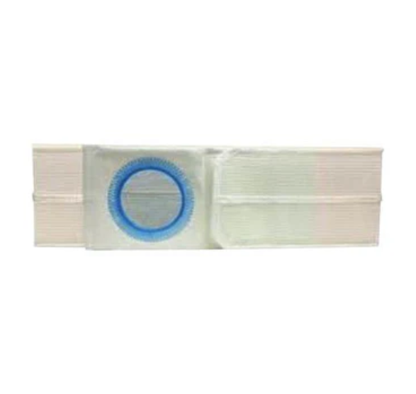 White medical ostomy belt with blue ring for stoma support and abdominal care