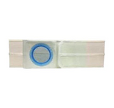 White medical ostomy belt with blue ring for stoma support and abdominal care