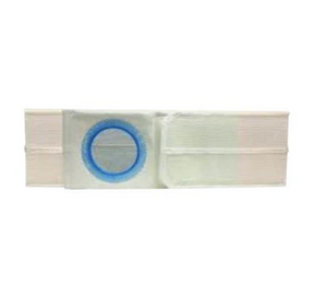 White medical ostomy belt with blue ring for stoma support and abdominal care