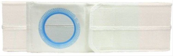 White ostomy support belt with blue reinforced stoma opening, medical supply.