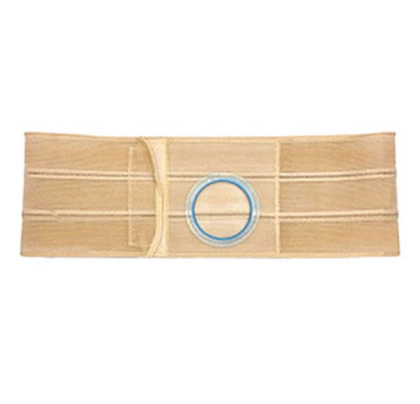 Beige ostomy abdominal support belt with circular opening for medical supplies