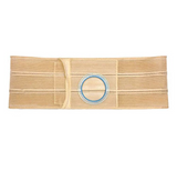 Beige ostomy support belt with circular stoma opening and blue reinforcement ring