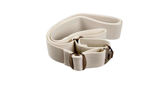 White medical gait belt with metal buckle on white background, essential mobility aid.