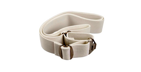 White medical gait belt with metal buckle on white background, essential mobility aid.
