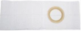 White medical ostomy barrier with central adhesive ring on a plain background