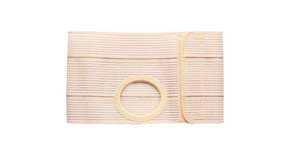 Beige abdominal ostomy support belt with elastic band and round stoma opening