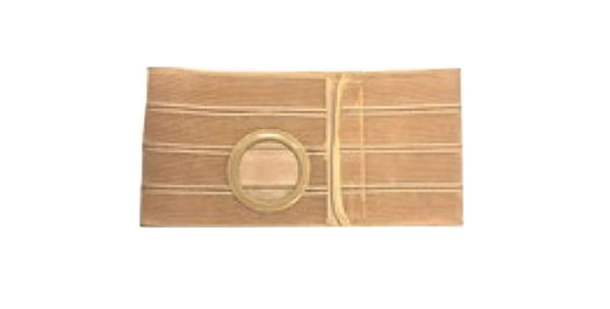 Beige adjustable ostomy support belt with stoma opening for medical use