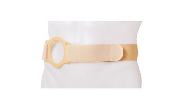 Beige ostomy support belt with adjustable strap on torso mannequin
