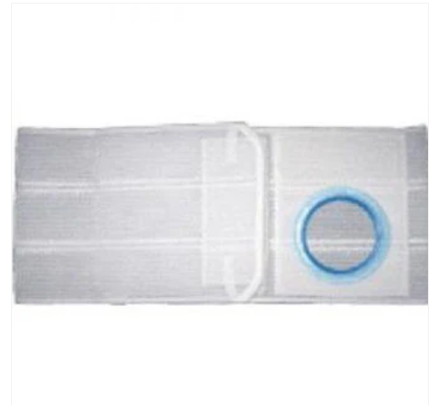 Medical ostomy belt with a blue ring for stoma support and secure fit, home healthcare supply.