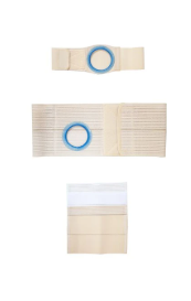 Ostomy belt and support garments set with blue opening for medical use on white background.