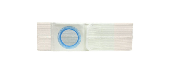 White medical abdominal support belt with blue circular opening for ostomy care
