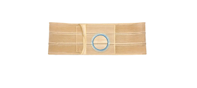Beige medical abdominal support belt with blue stoma opening for ostomy care