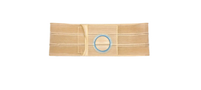 Beige medical abdominal support belt with blue stoma opening for ostomy care