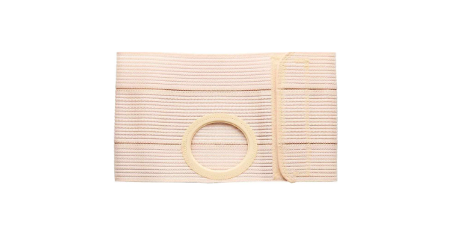 Beige elastic abdominal ostomy belt with circular stoma opening, home medical supply.