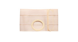 Beige elastic abdominal ostomy belt with circular stoma opening, home medical supply.