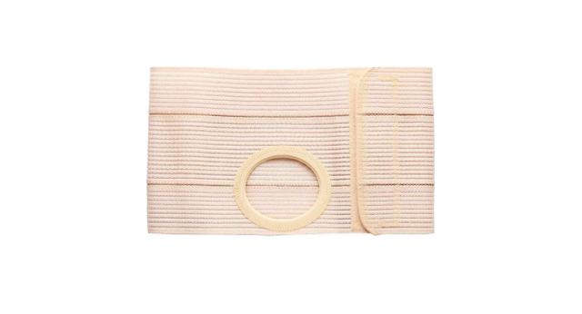Beige elastic abdominal ostomy belt with circular stoma opening, home medical supply.