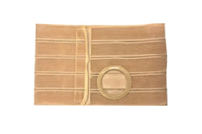 Beige medical abdominal binder with ostomy support ring for stoma care
