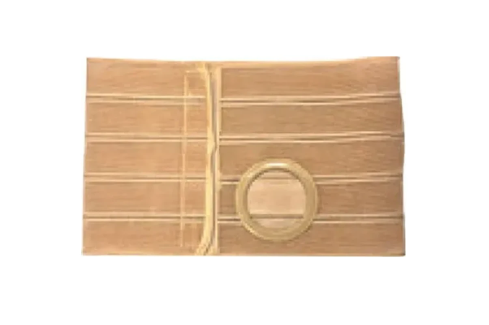 Beige medical abdominal binder with ostomy support ring for stoma care