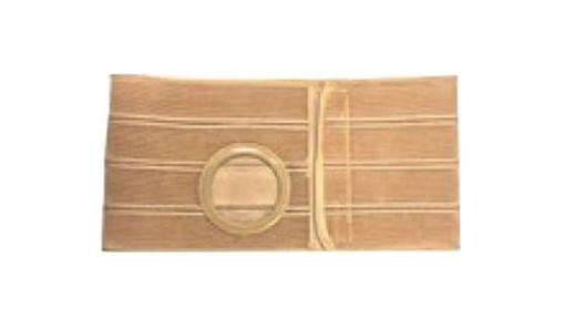 Adjustable beige ostomy belt with circular stoma opening for medical support
