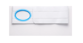 White ostomy support belt with blue ring for medical stoma care on white background