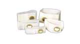 Assorted ostomy belts with stoma openings, white medical supplies on white background